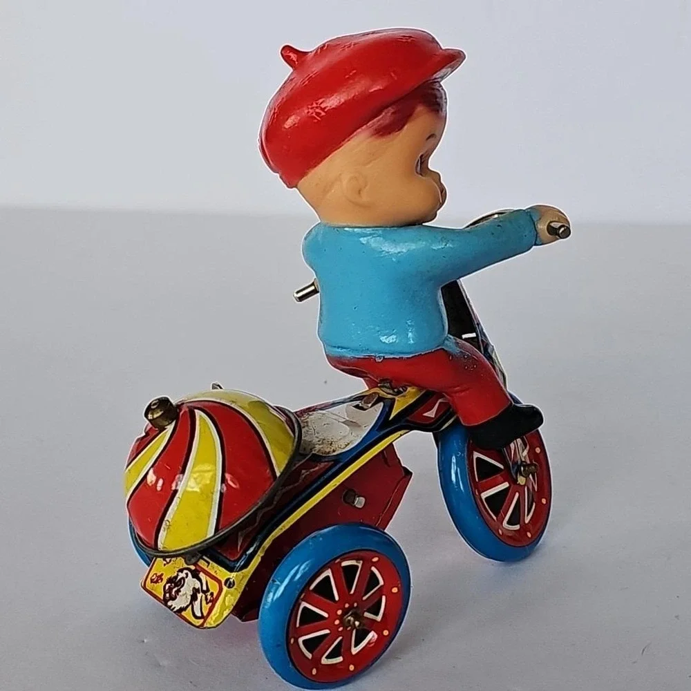 Vintage Tin Wind Up Toy Boy Riding Tricycle Late 50s Collectible‎ - Works - 1750